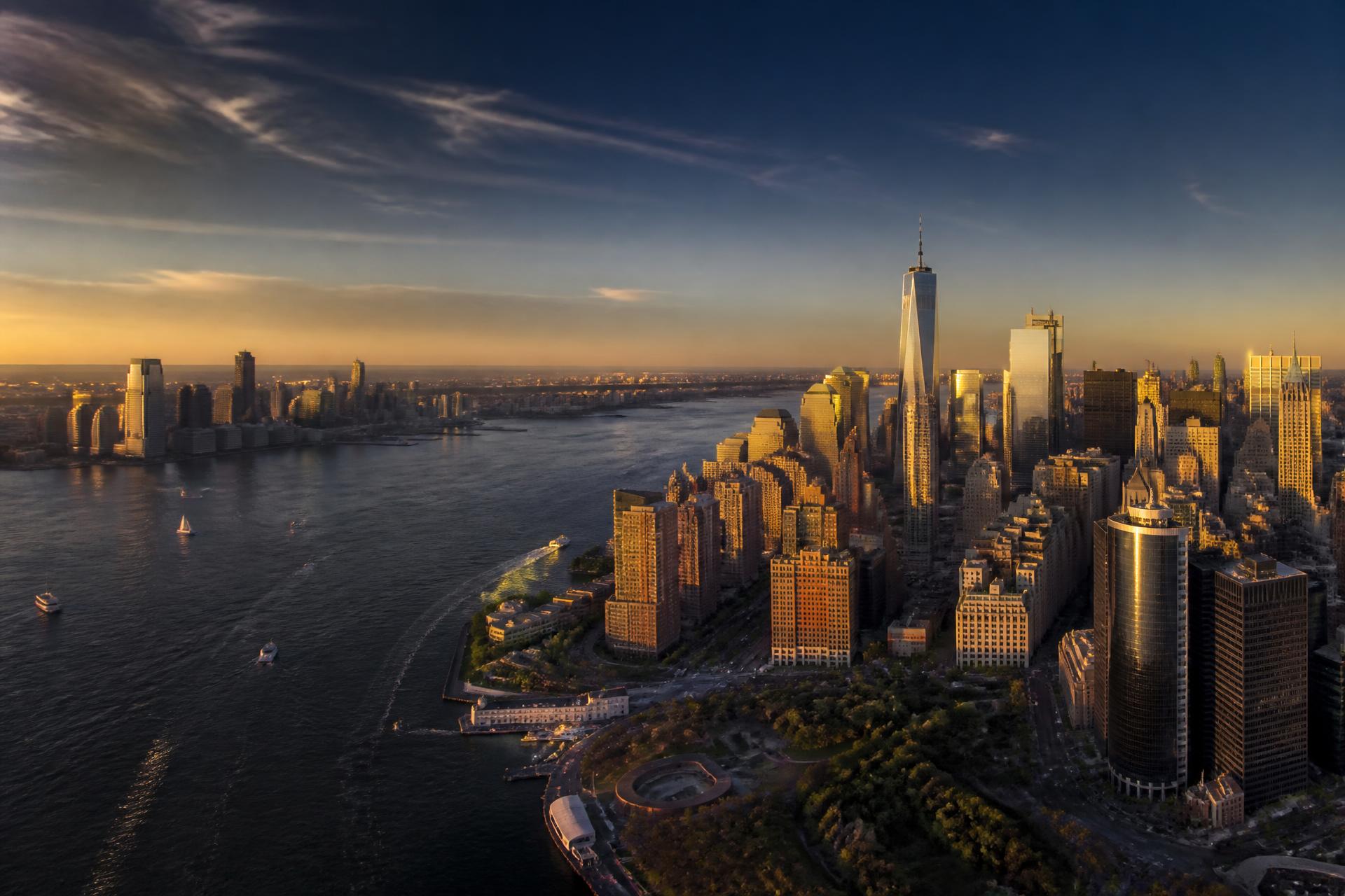 Aerial view of the Manhattan and New Jersey skyline at golden hour
